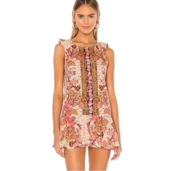 Free People Tops - FREE PEOPLE SUMMER IN TULUM LINEN BLEND TUNIC PEBLUM PINK FLORAL mini dress/TOP